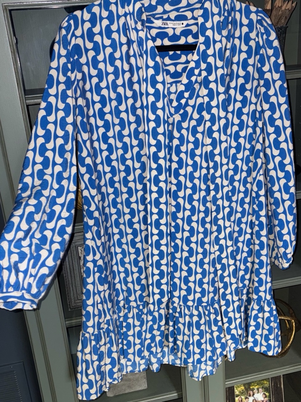 Zara Blue & White Geometric Ruffle-Hem Dress
